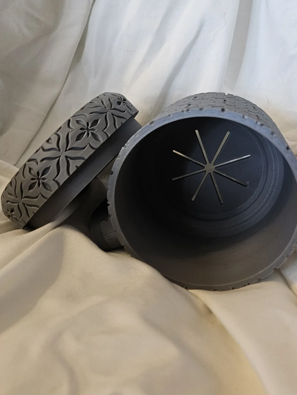 Decorative Gray Hanging Planter with Floral Relief Pattern - 3d Printed